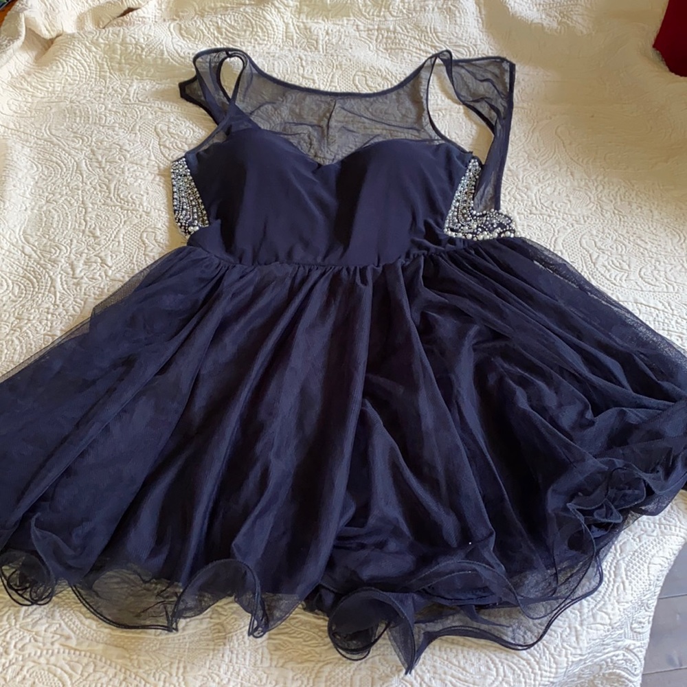 Blondie Nites Exposed Back Beaded Navy Dress